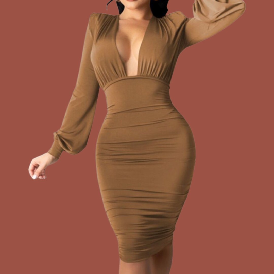 Brown High V Cut Dress - ElaCo