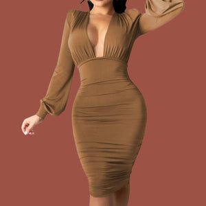 Brown High V Cut Dress - ElaCo