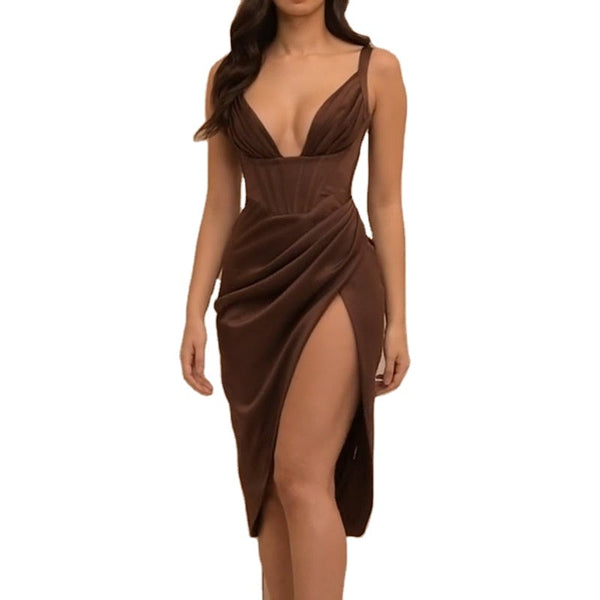 Brown V Neck High Split Dress - ElaCo